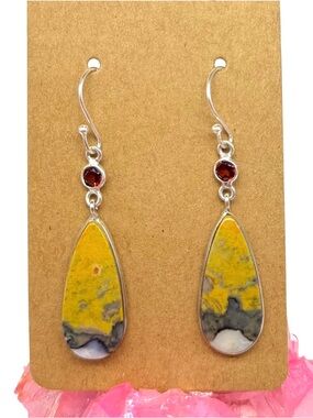 Bumblebee Jasper & Garnet Earrings Solid 925 Sterling Silver Yellow Stone